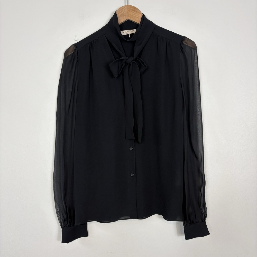 Emilio Pucci 100% Silk Blouse Scarf-Tie US Sz 8 Long Sleeve Black Tie Neck